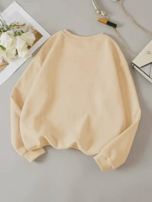 Sweat Shirt2025 New Sweatshirts Women's Casual Round Neck Sweatshirt With Teddy Bear Graphic, 100% Polyester Fabric, Alphabet Pattern Appliqué, AutumnWinter Fashion Top, Weight 250gM² Loose And ComfortableLoose And Comfortablevalentines Clothes - 杏色 - 查看 2