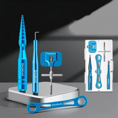 5 piezas Juego de herramientas de reparación de carrete de línea de pesca (incluye juego de herramientas de aleación y caja de almacenamiento de ABS) - Adecuado para el mantenimiento de carretes giratorios/carretes de lanzamiento, incluye pasador de desmontaje, llave de tuerca, herramienta de rodamiento, diseñado para entusiastas de la pesca (específico para reparación de cañas de pescar)