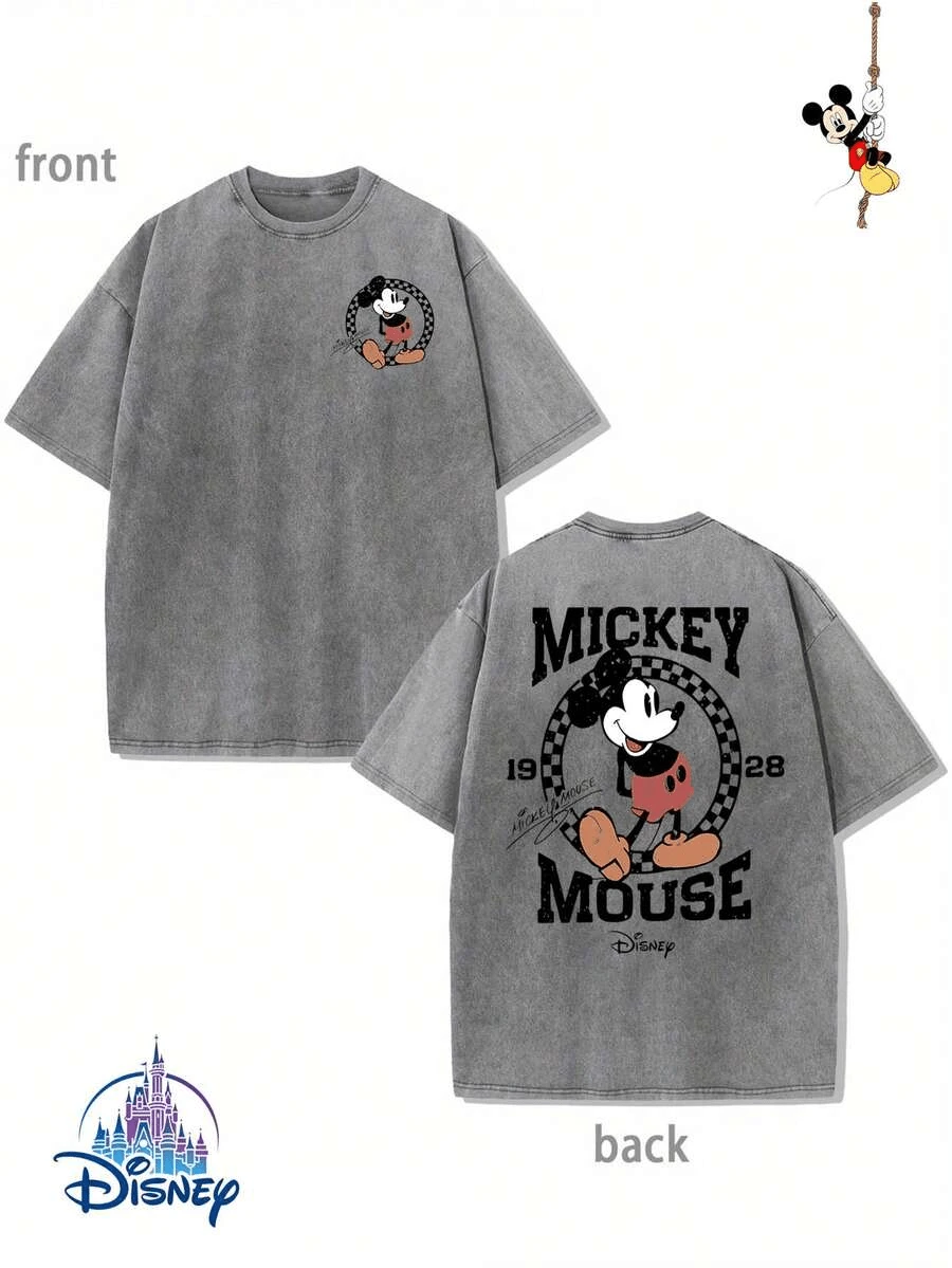 Disney Mickey Mouse 1928 Retro Double-Sided Graphic Vintage Washed Oversized T-Shirt, Unisex Classic Mickey Disney Tee - 灰色 - 查看 1