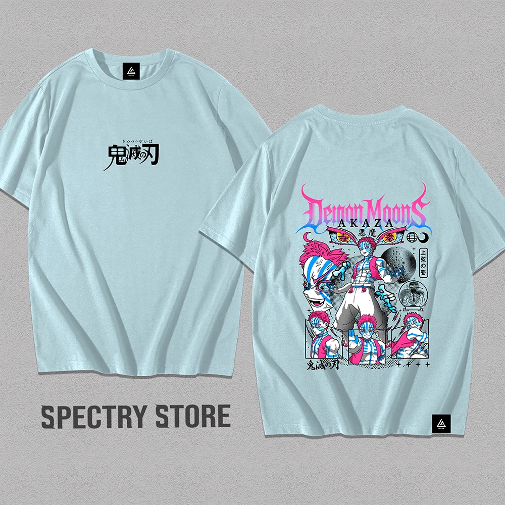 Premium Cotton Anime T-Shirt Akaza Upper Moon Unisex Streetwear Men's New Release - 淺藍色 - 查看 1