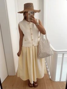 White Crew Neck Sleeveless Loose Knit Cardigan For Women, Spring/Summer New Casual Beach Holiday Outfit, Daily Fashion Elegant Minimalist Versatile Commute Homewear Comfortable Top - White - View 1