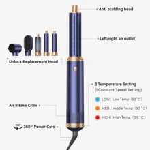 UKLISS 5合1專業造型梳套組（熱風梳 + 直髮梳 + 自動捲髮棒），3段溫度調節 + 5個可拆卸替換頭，自動捲髮與沙龍級捲髮/波浪髮/直髮，增加髮量並減少毛躁，情人節、三王節、嘉年華、聖帕特里克節、聖誕節、總統日送給她的理想禮物，適合居家造型、通勤補妝、旅行美妝、約會造型、派對妝容 - 藍色 - 查看 7