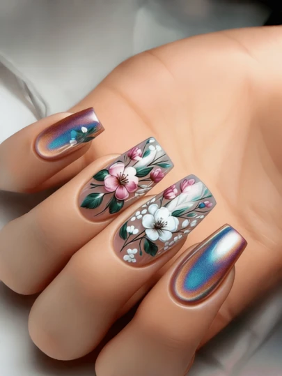 Press On Nails Nail Multicolored Flower Diffusion Design For Nails Supplies Nail Art Y2k Nails Fake Nail Square Nails