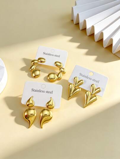 Solid Stainless Steel Earrings, Stainless Steel Jewelry, Women's Earrings, Pituitary Earrings, Gold-Plated Hinge Round Earrings, Bamboo, Texture, Diamond-Cut, Hexagonal, Square, Round, Butterfly Shape, Design, Solid Hypoallergenic Earrings Suitable For Sensitive Ears, Women's Charm Accessories, Middle Eastern Fashion Jewelry, Ramadan Decorative Jewelry And Accessories, Party And Festival Gifts (1/3 Pairs)