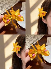 1个仿真兰花发夹，波西米亚风发饰，适合海滩、度假、甜美女孩拍照，兰花发夹，爪夹，发卡。 - 彩色 - 查看 2