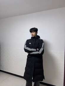 Adidas LONGDOWN Striped Waterproof Long Warm Sports Casual Quilted Down Jacket, Unisex, Black - Black - View 10