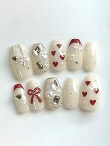 10pcs Pure Handmade Press On Nails Long Nails Coffin Nails Red And White Nails Gentle Cute Style Milky White With Red French 3d Bow And Heart Asymmetrical Crushed Diamond Embellished Hand-Painted Red Heart Minimalist Girly Press-On Nails For Women And Girl,Spring Summer Fall Winter Festivals Party And Daily Life Use Handmade Press On Nails - Red and White - View 1