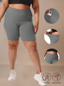 1pc Women Plus Size Knee Length Yoga/Cycling Tight Shorts, High Stretch Butt Lifting Curve Flattering Sports Pants, Knit Fabric Breathable Running Training Shorts With Pockets, Suitable For Cycling, Fitness, Running, Foldable Hem, All Seasons - Grey - View 2
