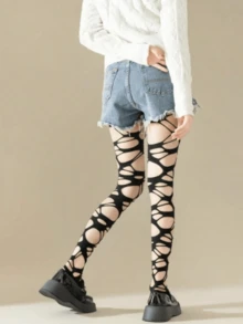 1 双黑色不规则镂空渔网袜，哥特朋克尼龙踩脚袜，镂空设计，高腰弹力，非常适合万圣节、锐舞派对、夜店装和日常街头装。 - 黑色 - 查看 7