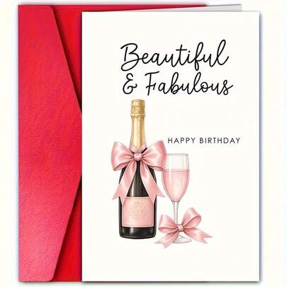 1 "Beautiful And Enchanting" Champagne And Pink Bow Birthday Card With Envelope - Elegant Female Birthday Message, Suitable For Milestone Celebrations Or Special Occasions, Celebration Card | Elegant Design | Decorative Elements, Birthday Party Decoration
