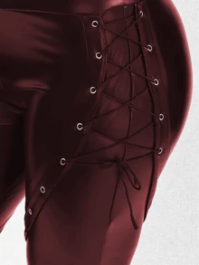 Quần legging bó sát co giãn kiểu punk, chất liệu giả da PU, thích hợp cho mùa xuân Y2K. - Fiery Red - Xem 4