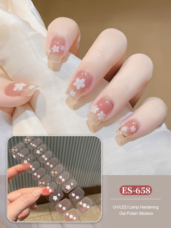 Benzi de unghii cu gel semi-polimerizate (Classic French-L), vârf French alb, 20 buc benzi de unghii cu gel, autocolante, necesită lumină UV, calitate de salon, durabile