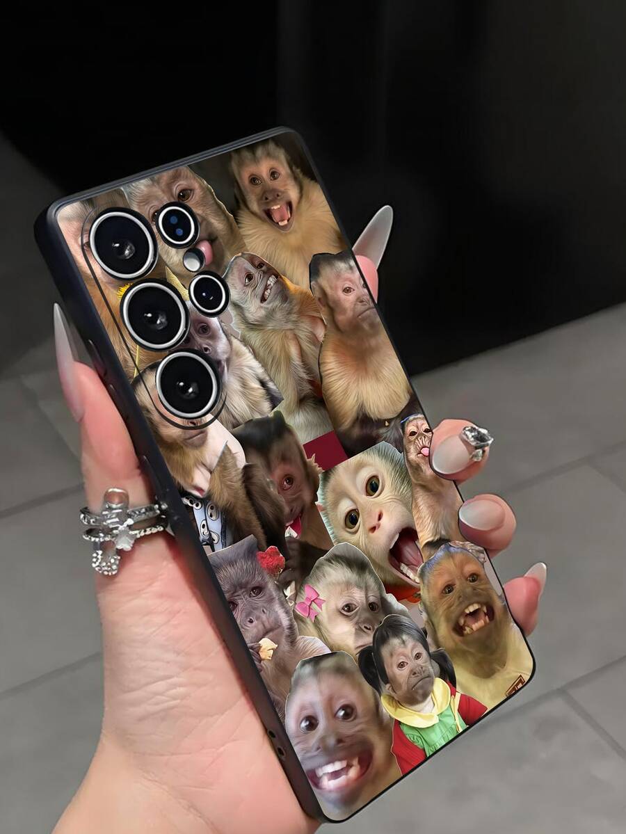 1pc Funny Monkey Design Soft TPU Protective Phone Case, Shockproof & Scratch-Resistant, Compatible With Huawei Honor, Galaxy A/S Series, 6A/7A/8A, 12T/13T/14T - Black - View 1