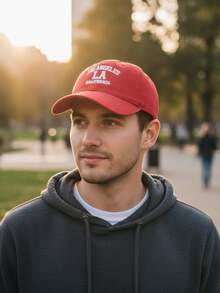 Los Angeles LA California Premium Adjustable Embroidered Unisex Curved Brim Casual Cotton Cap For Men And Women - 紅色 - 查看 2