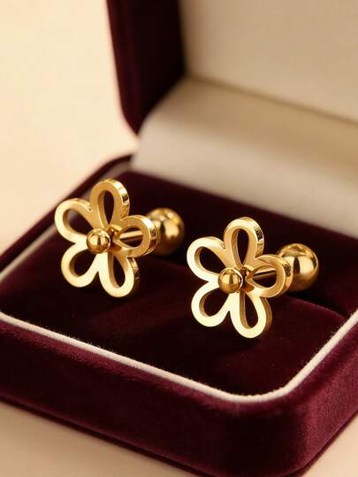 1pc Cute Mini Hollow Flower Stud Earrings, Stainless Steel Design Suitable For Women's Daily Wear Or As Gift For Friends
