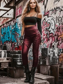 Quần legging bó sát co giãn kiểu punk, chất liệu giả da PU, thích hợp cho mùa xuân Y2K. - Fiery Red - Xem 3