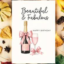 1 "Beautiful And Enchanting" Champagne And Pink Bow Birthday Card With Envelope - Elegant Female Birthday Message, Suitable For Milestone Celebrations Or Special Occasions, Celebration Card | Elegant Design | Decorative Elements, Birthday Party Decoration - Multicolor - View 3