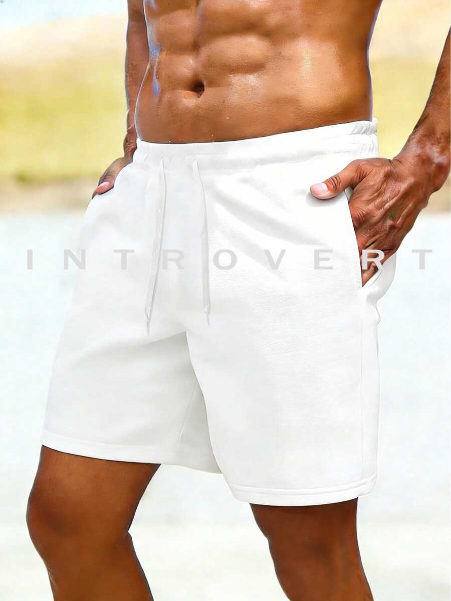 男士休闲运动短裤，抽绳腰带设计，纯色简约风格，适合户外活动 - 白色 - 查看 1