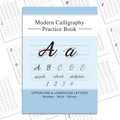 Cahier de pratique de calligraphie de 56 pages - Lettres majuscules et minuscules, chiffres, mots et guide de contrôle des traits, imprimé sur papier beige (favorable aux yeux) - Aide à la pratique de la police à pointe souple, format A4