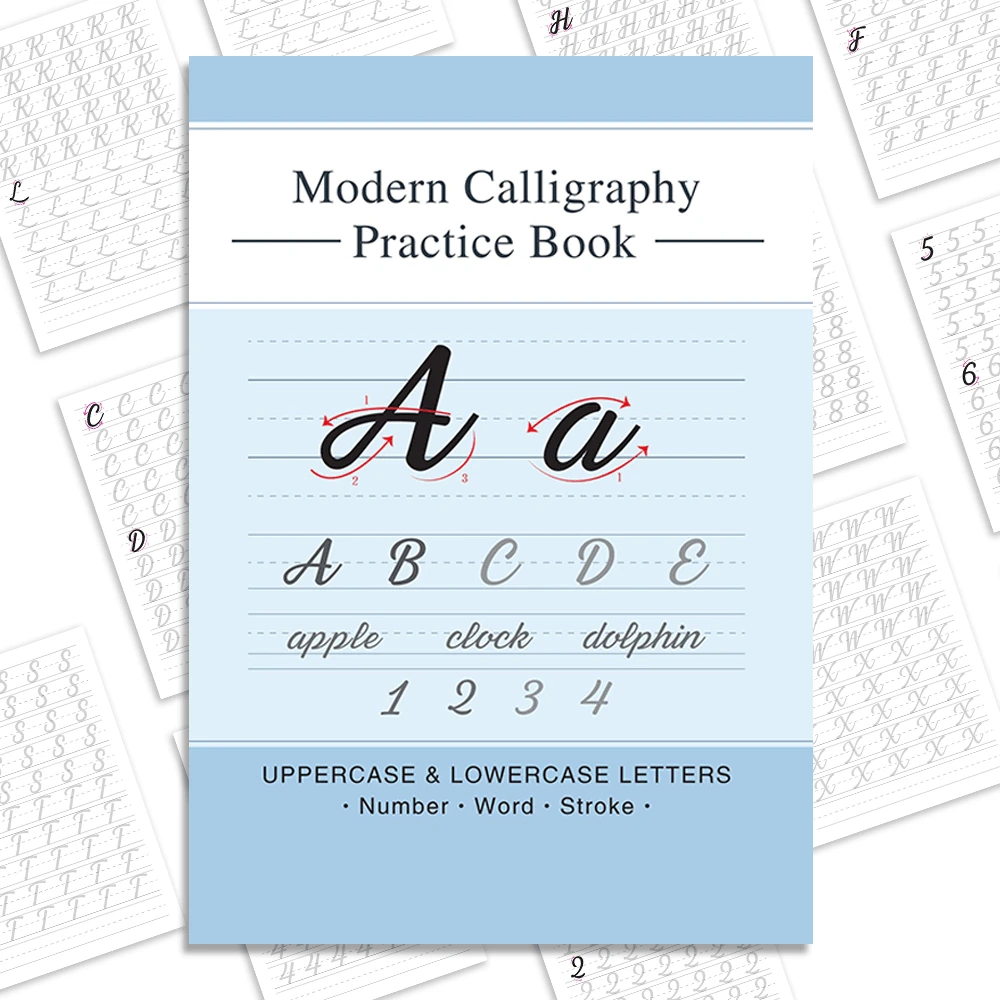 Sổ tay luyện viết thư pháp 56 trang - Chữ hoa & chữ thường, số, từ và hướng dẫn kiểm soát nét viết, in trên giấy màu be (thân thiện với mắt) - Bút mềm hỗ trợ luyện viết, khổ A4. - A4 - Xem 1