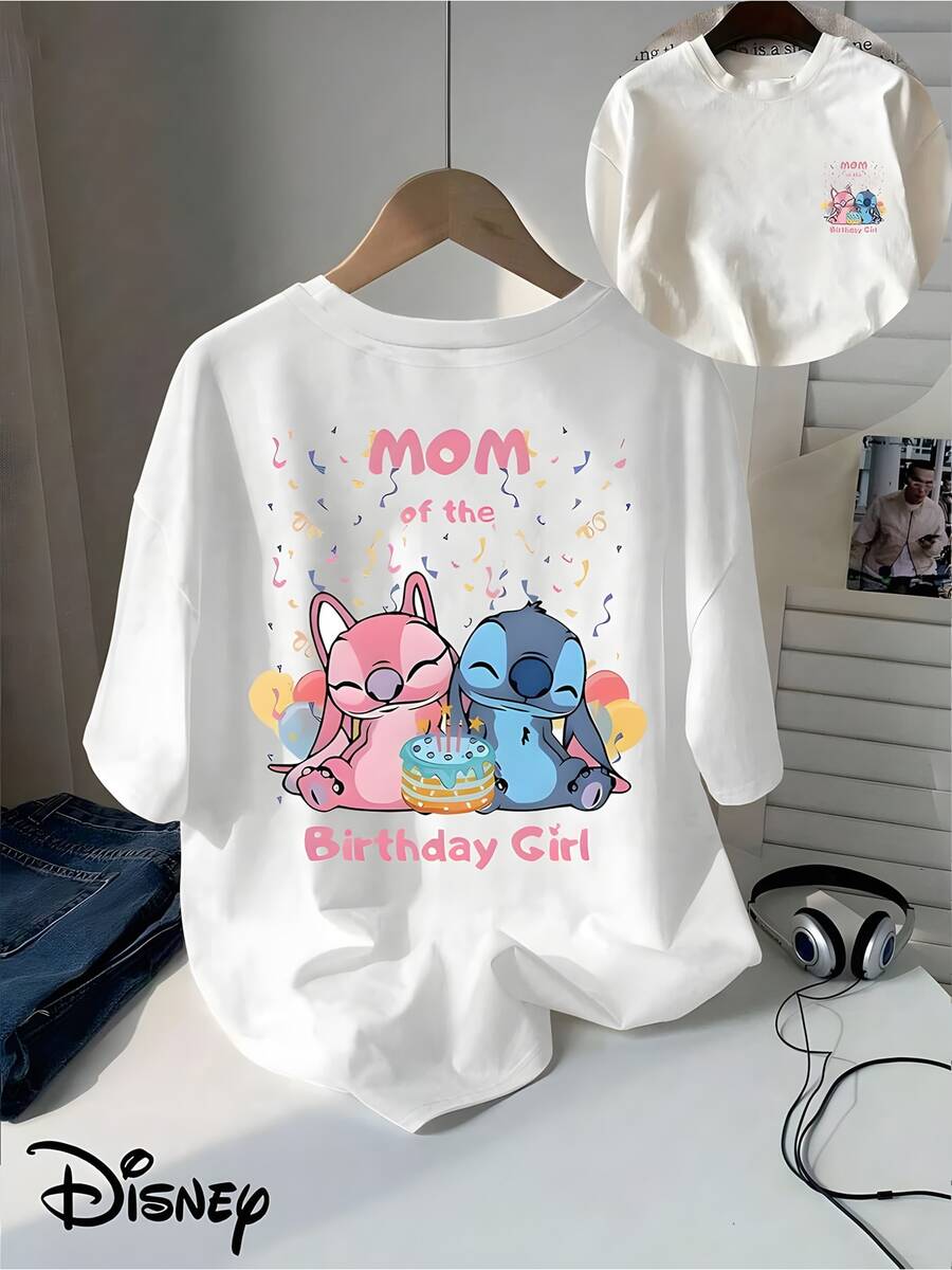 Disney Lilo & Stitch "Mom Of The Birthday Girl" Double-Sided Graphic Oversized T-Shirt, Unisex Stitch Birthday Mom Disney Tee - trắng - Xem 1