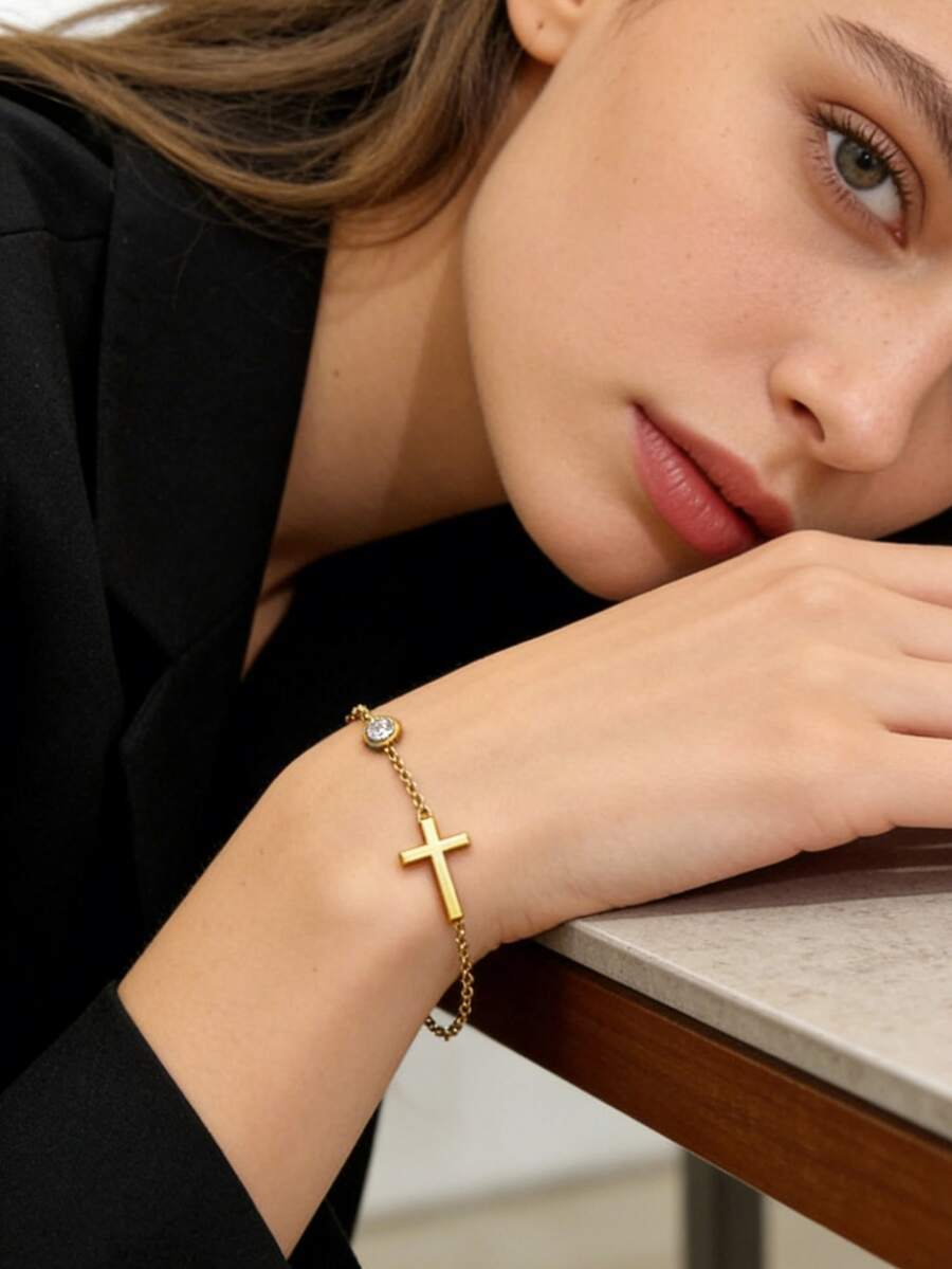 1 pieza Pulsera clásica de acero inoxidable con decoración de vidrio y cruz, adecuada para uso diario tanto para mujeres como para hombres - Amarillo Oro - Ver 1