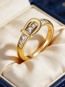 Women's Gold-Plated Zirconia Ring, Hoop Design Ring Band With Rectangular And Square Cut Zirconia Stones, Minimalist Elegant Style For Daily Wear, Versatile Gift For Fashion Enthusiasts - Gold - View 3