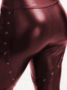 Quần legging bó sát co giãn kiểu punk, chất liệu giả da PU, thích hợp cho mùa xuân Y2K. - Fiery Red - Xem 5