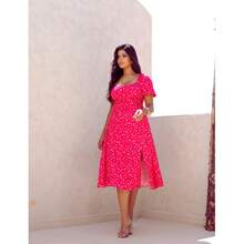 Women's Floral Midi Dress With Short Sleeves, Elastex Lined, Crossed Back, Vescolinho Fabric - 玫紅色 - 查看 2