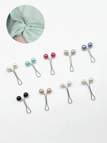 9pcs Pearl Clips, Faux Pearl Design In 9 Muted Colors, Dual Function As Tool & Decor, U-Shaped Elastic Structure, No Sewing Or Drilling Needed, Instant Use, Can Be Used For Fabric Fixing, Waist Cinching, And Brooch Decoration On Clothing - Pearl Buttons - View 2