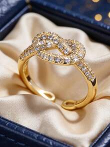 Damen Ring mit Goldbeschichtung und Zirkonia, geflochtenes verdrehtes offenes verstellbares Band + komplett mit Zirkonia-Steinen besetzt, minimalistischer eleganter Stil, geeignet für den täglichen Gebrauch/vielseitig einsetzbar, tolles Geburtstagsgeschenk für Modebewusste - Gold - Übersicht 2