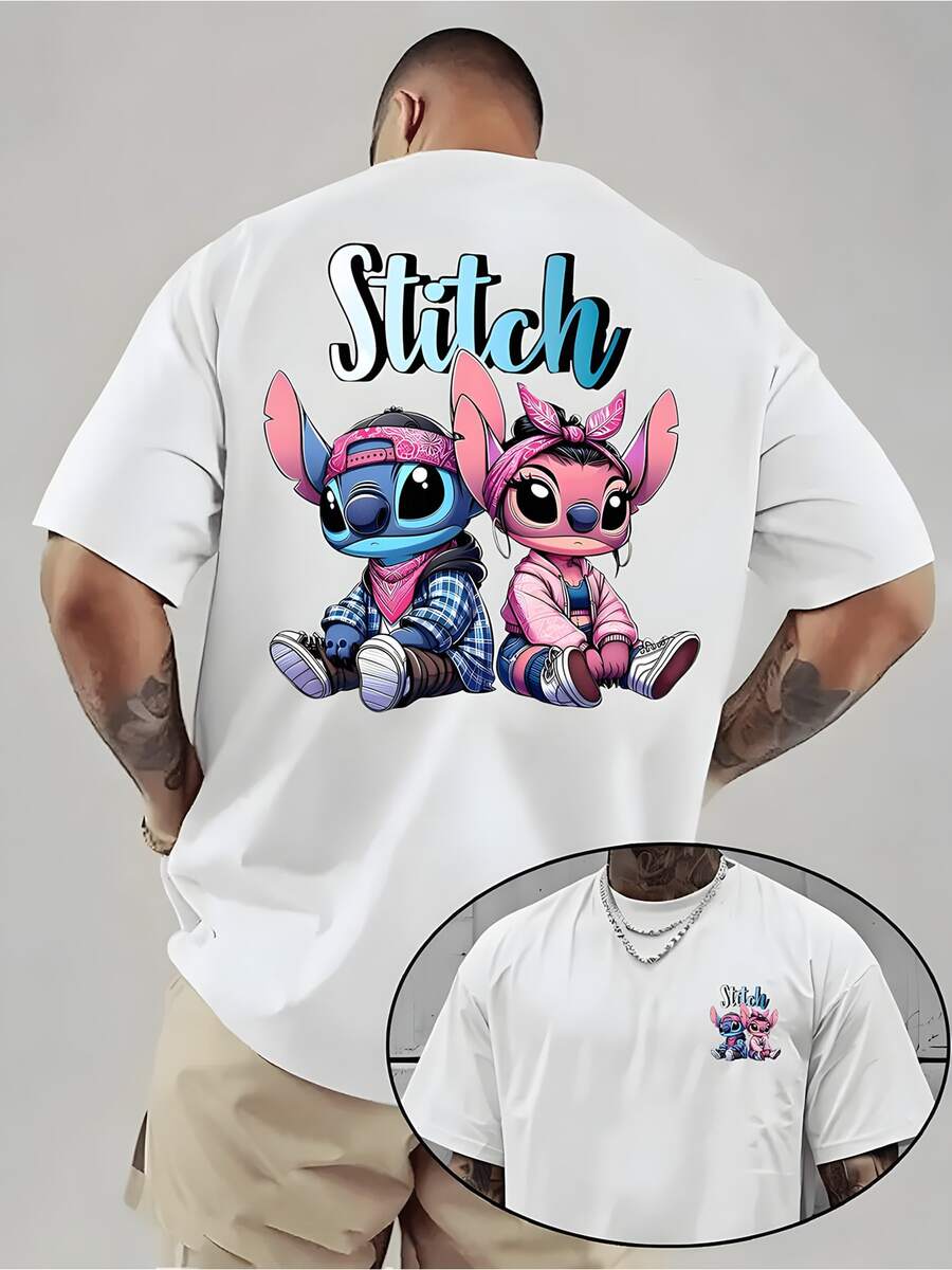 Disneyland Men's Cotton Short-Sleeved T-Shirt, New Men's T-Shirt, Shi Dizai Lilo Pelekai Men's White T-Shirt Authorized, Casual Short-Sleeved, Round Neck, Summer Fashion, Pattern T-Shirt. - White - View 1