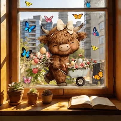 1/4 pièces Autocollants de fenêtre mignons de vache des highlands souriante, autocollants électrostatiques réutilisables en PVC de papillon, convient pour les vitrines de magasin, les chambres d'enfants, les salons et les décorations de verre de la maison.