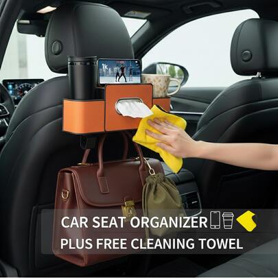 Car Backseat Storage Box + Cleaning Towel Set With Tissue Box, Dual Cup Holders And Phone Slot | Kids Snacks, Drinks And Phone Essentials Travel Accessories | Multiple Colors (Black/Beige/Orange)