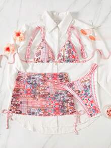 女士夏季沙滩度假吊带三角比基尼上衣配系带荷叶边泳裙两件套泳衣 - 彩色 - 查看 2