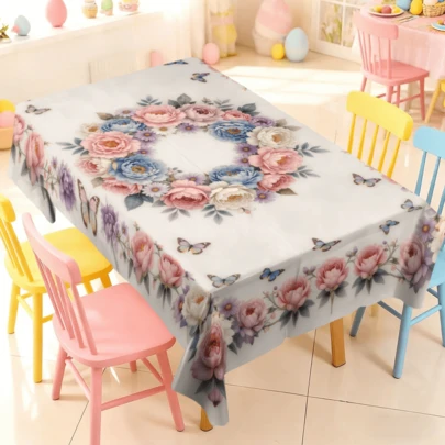 1/20pcs Summer & Spring Themed Tablecloth, Floral & Butterfly Pattern Tabletop Cover Suitable For Party, Camping, Picnic, Dinner, Soft Polyester Fabric Tablecloth For Home, Kitchen, Dining Room, Garden Decor, Easy To Clean