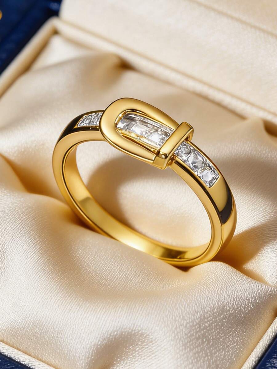 Women's Gold-Plated Zirconia Ring, Hoop Design Ring Band With Rectangular And Square Cut Zirconia Stones, Minimalist Elegant Style For Daily Wear, Versatile Gift For Fashion Enthusiasts - Gold - View 1