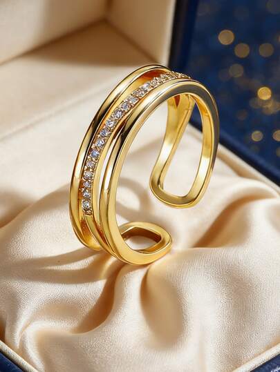 Women's Gold-Plated Zirconia Ring, Multi-Layer Criss-Cross Adjustable Band + Micro-Inlaid Zirconia Accents, Minimalist Elegant Style For Daily Wear, Versatile Gift For Fashion Enthusiasts
