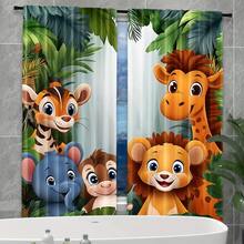 2er Set Dschungel Vorhänge - Giraffe, Löwe, Elefant & weitere Tierdrucke - Kräuselband Design für einfaches Aufhängen - perfekt für Schlafzimmer & Kinderzimmer Dekoration - Verschiedenfarbig - Übersicht 2
