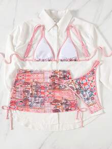 女士夏季沙滩度假吊带三角比基尼上衣配系带荷叶边泳裙两件套泳衣 - 彩色 - 查看 3