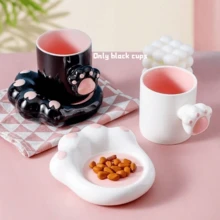 1件套300毫升手工陶瓷咖啡杯碟，猫爪图案，适合下午茶、牛奶、拿铁或甜点——绝佳的礼品之选 - 彩色 - 查看 15