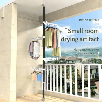 1 pieza Estantería de piso a techo sin necesidad de perforar, de múltiples capas y giratoria, imprescindible para balcones de apartamentos pequeños, puede colgar mucha ropa sin ocupar espacio, logrando el secado y el almacenamiento en un solo paso.