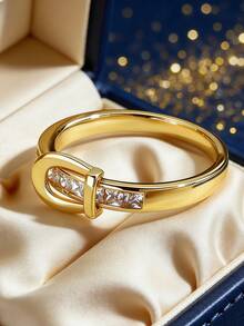 Women's Gold-Plated Zirconia Ring, Hoop Design Ring Band With Rectangular And Square Cut Zirconia Stones, Minimalist Elegant Style For Daily Wear, Versatile Gift For Fashion Enthusiasts - Gold - View 2