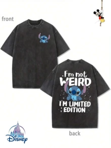 Disney Lilo & Stitch "I'm Not Weird I'm Limited Edition" Double-Sided Graphic Vintage Washed Oversized T-Shirt, Unisex Cute Stitch Retro Tee - 黑色 - 查看 1