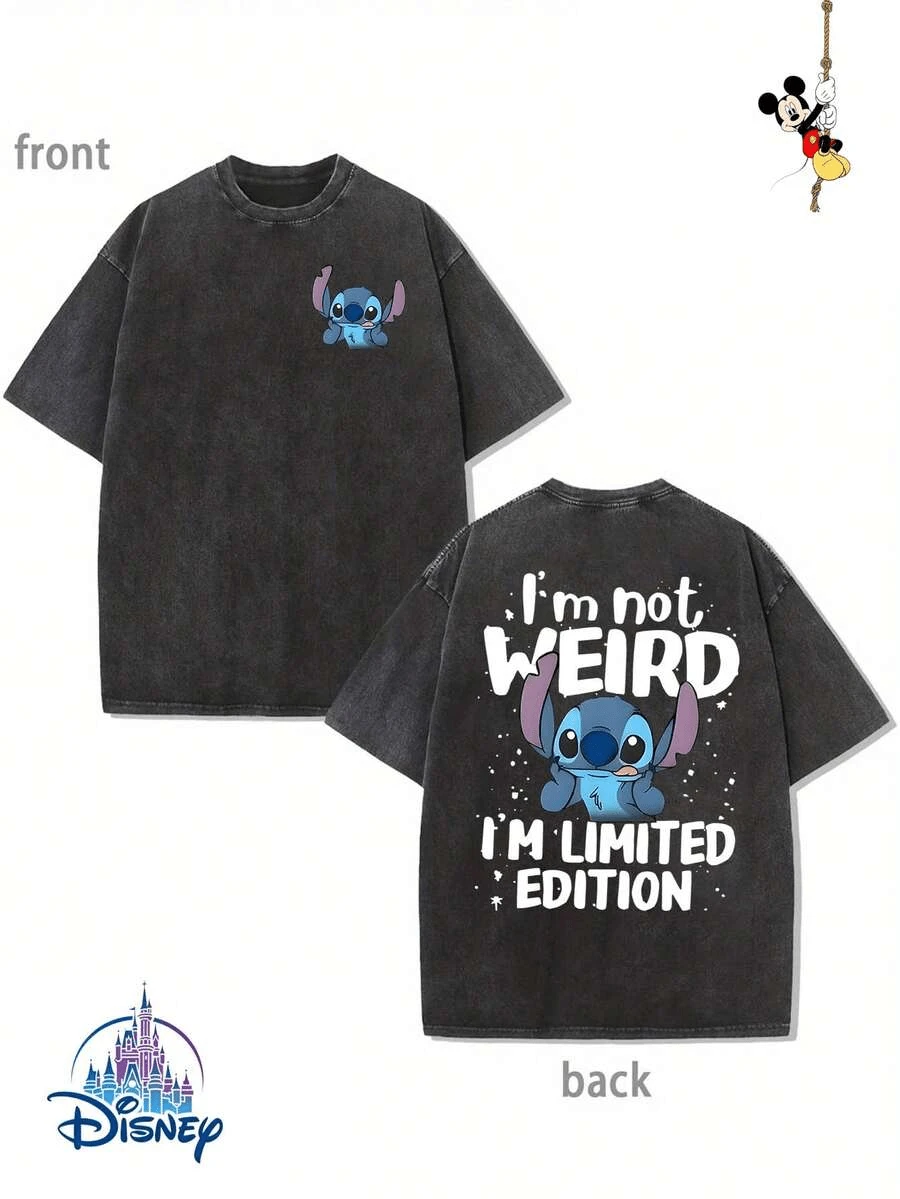 Disney Lilo & Stitch "I'm Not Weird I'm Limited Edition" Double-Sided Graphic Vintage Washed Oversized T-Shirt, Unisex Cute Stitch Retro Tee - 黑色 - 查看 1