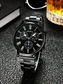 4 PCS Men's Watch Set, Quartz Watch With Round Dial And Stainless Steel And Imitation Leather Strap, Black And Brown Optional, Suitable As A Gift For Friends And Family - Black - View 2