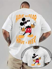 Disney Mickey Mouse "Have No Fear Have A Beer" Graphic Oversized T-Shirt, Personalized Classic Cartoon Tee - 白色 - 查看 1