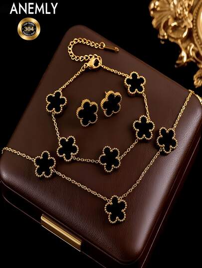 304 Stainless Steel Four-Color Five-Leaf Clover Necklace, Bracelet And Earrings Set For Ladies, New Style Waterproof Jewelry, Accessories For Women, Women's Collars, Women's Chains, Heart Jewelry, Jewelry, Necklaces, Boho Jewelry