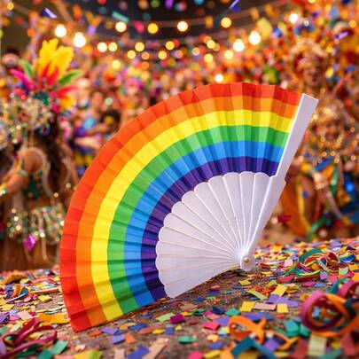 Leque colorido, leque arco-íris, leque carnavalesco, leque festa, leque verão, leque feminino, leque decorativo, leque portátil, leque dobrável, leque estiloso, acessório carnaval, acessório colorido, acessório verão, acessório festa, leque para fotos, leque moda, leque fashion, leque vibrante, leque multicolorido, leque tropical, leque praia, leque eventos, leque para fantasias, leque instagramável, abanador, leque para fantasia,