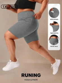 1pc Women Plus Size Knee Length Yoga/Cycling Tight Shorts, High Stretch Butt Lifting Curve Flattering Sports Pants, Knit Fabric Breathable Running Training Shorts With Pockets, Suitable For Cycling, Fitness, Running, Foldable Hem, All Seasons - Grey - View 4